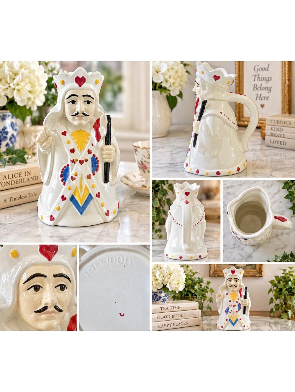 Vtg H.J. Wood Queen of Hearts Toby Jug Pack of Cards Alice in Wonderland England